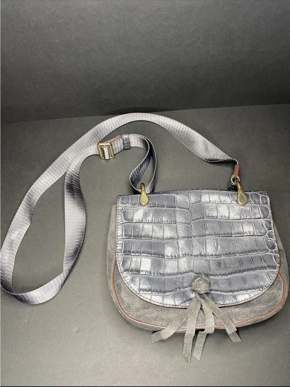 Elizabeth and James Gray Croc-Embossed Crossbody with Suede Trim